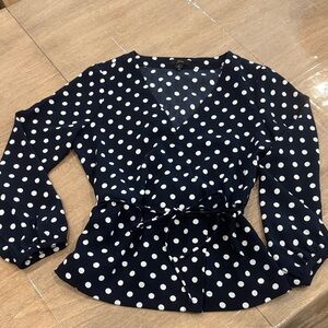 J. Crew Navy and White Polka Dot Wrap Blouse
